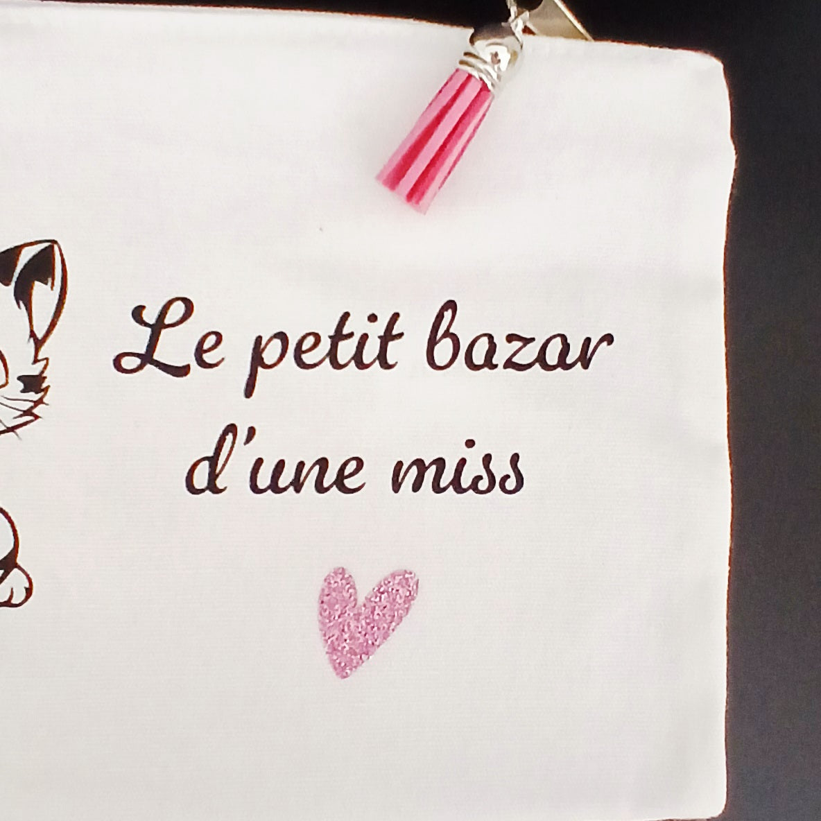 Trousse sublimée "le petit bazar d'une miss" avec chaton.rose