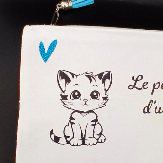 Trousse sublimée "le petit bazar d'une miss" avec chaton.turquoise.