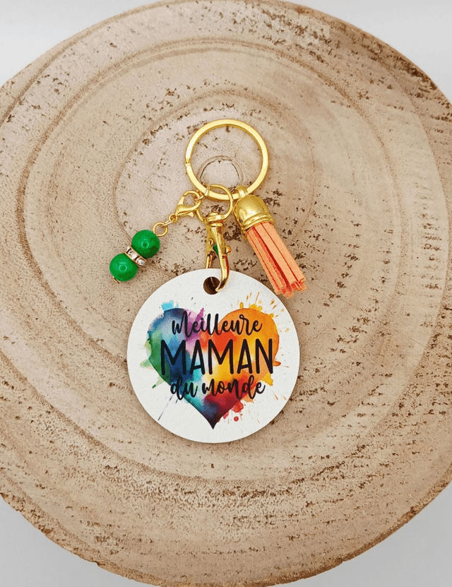Porte-clé en MDF (bois) sublimé "Meilleure maman du monde" avec 2 breloques.