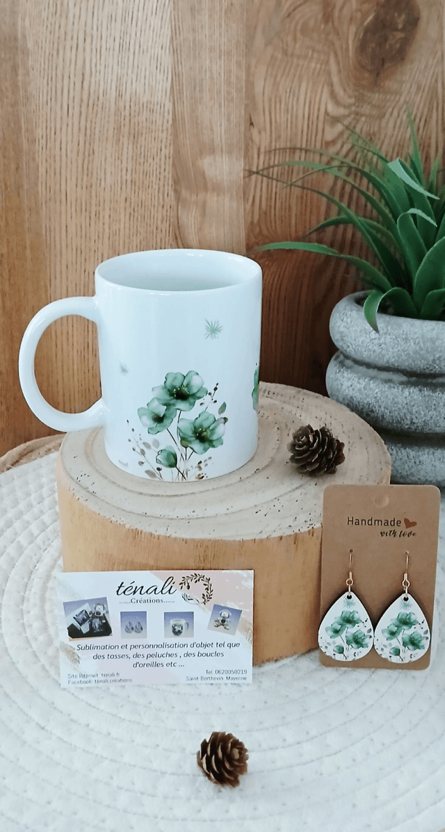 Box S : Tasse + Boucle d'oreilles "Fleur émeraude"
