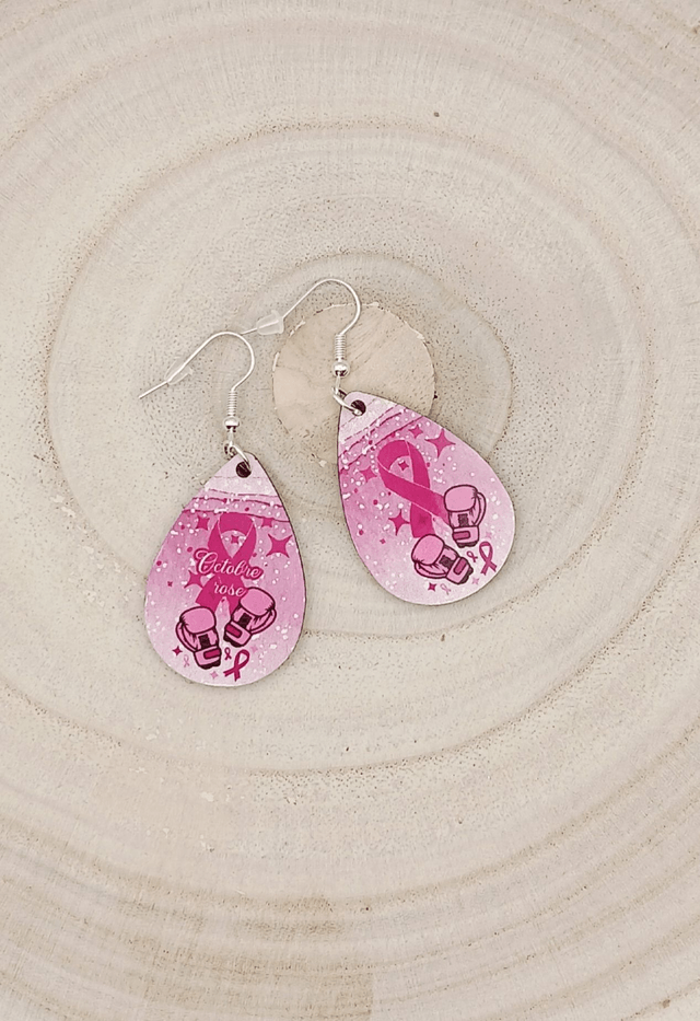 Boucle d'oreilles larme sublimée "Octobre rose gant de boxe "  