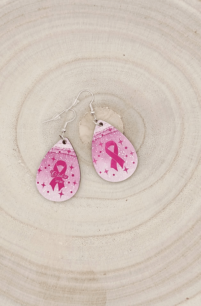 Boucle d'oreilles larme sublimée "Octobre rose nœud" 