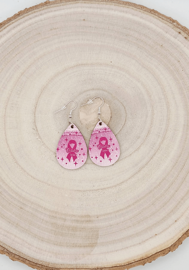 Boucle d'oreilles larme sublimée "Octobre rose nœud" 