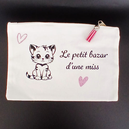 Trousse sublimée "le petit bazar d'une miss" avec chaton.rose