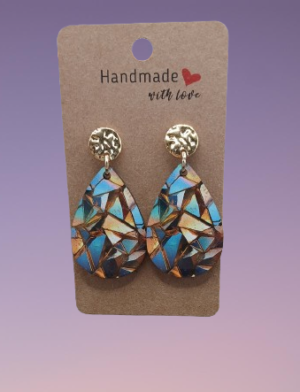 Boucle d'oreilles larme avec image holographique bleu/or