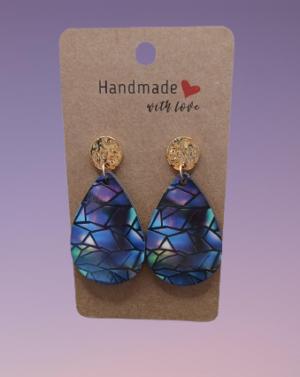 Boucles d'oreilles larmes avec image holographique violette/bleue/verte